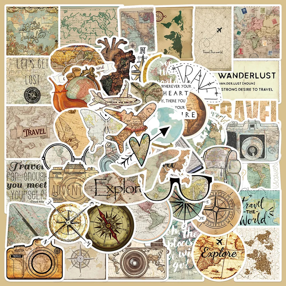 50pcs Cartoon Travel Clock Map Graffiti Stickers for Helmet Wall DIY Decoration (Online Order Only)