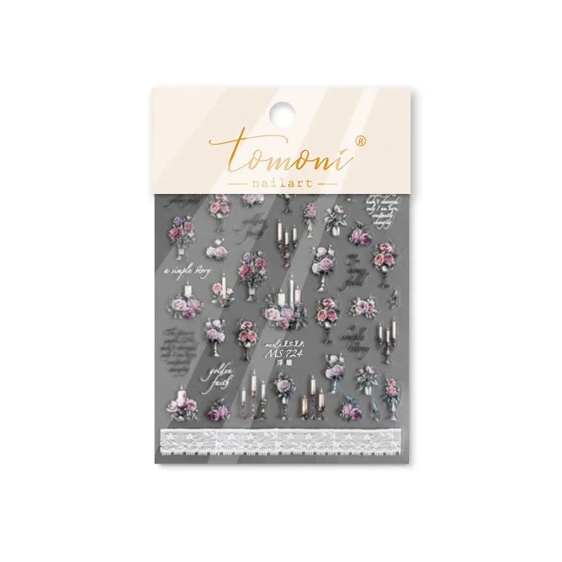 Romantic Candle Holder Lace Rambler Rose Pink Flower Bowknot Candlestick Ribbon Adhesive Nail Art Stickers Shiny Manicure Decals (ONLINE ORDER ONLY)