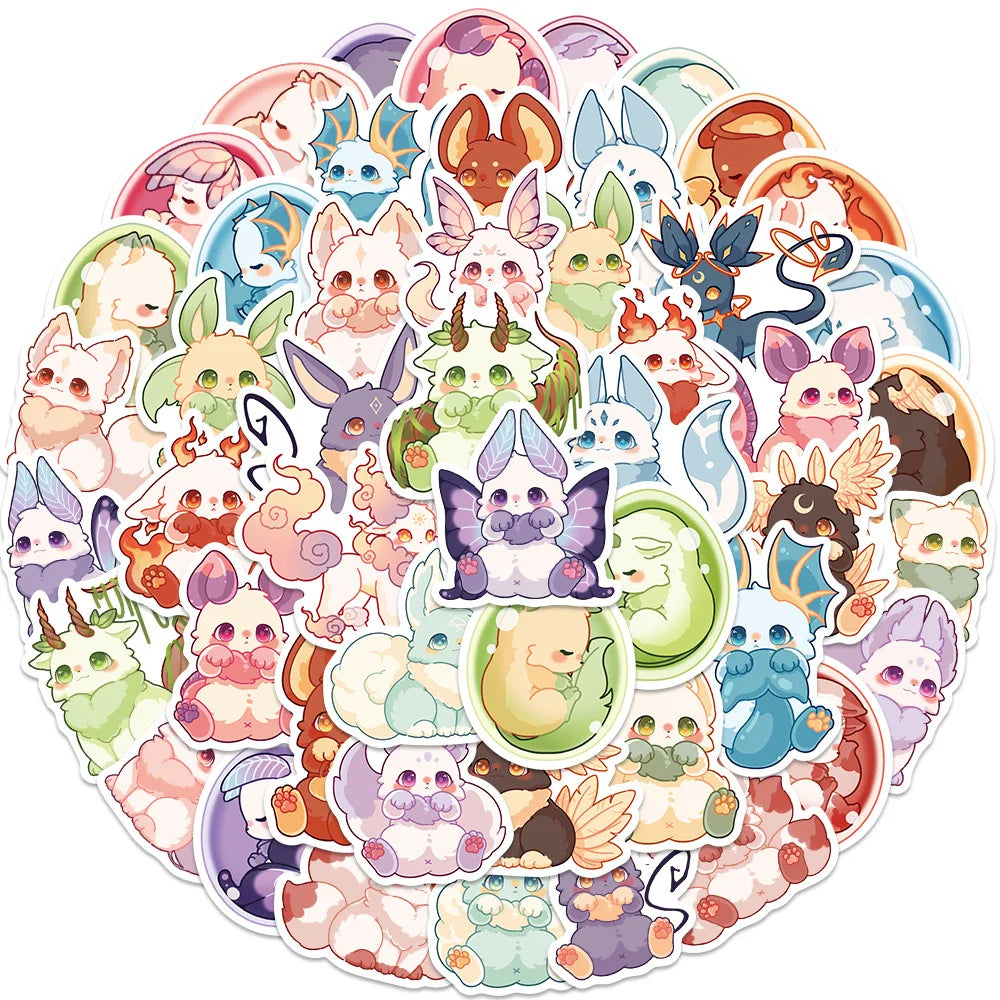 Kawaii Fantasy Creature Stickers Pack - Cute Cartoon Decals for Kids, DIY, Fridge, Helmet, Phone, Laptop (Online Order Only)