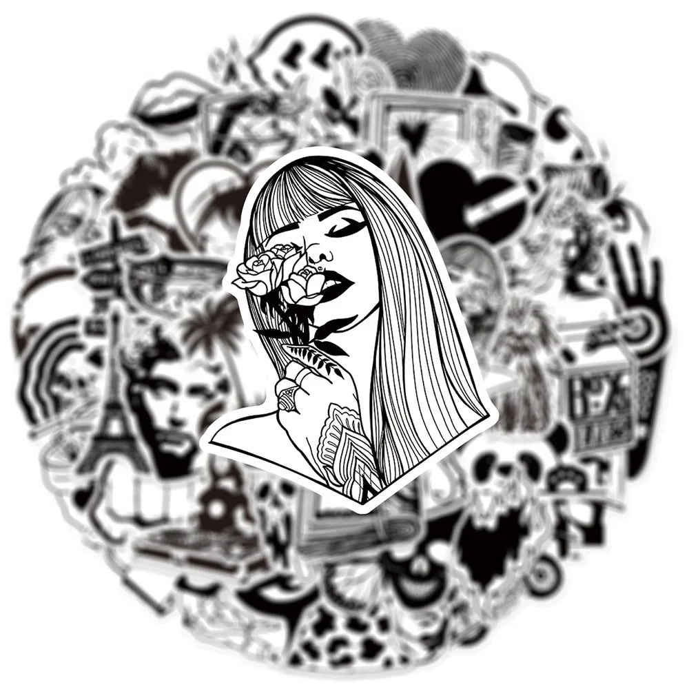 Black & White Art Plaster Stickers for Phone, Laptop, Luggage, Skateboard - 10/30/50PCS Graffiti Decals (ONLINE ORDER ONLY)