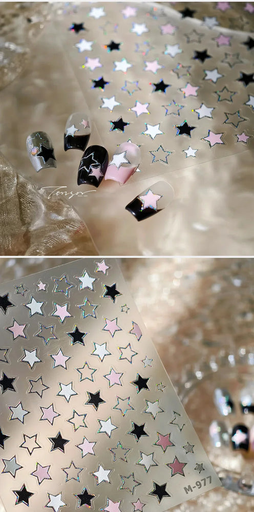 Punk Star Shiny Laser Five-pointed Star White Black Pink Hollow Out Delicate Sparkle Adhesive Nail Art Stickers Manicure Decals (ONLINE ORDER ONLY)