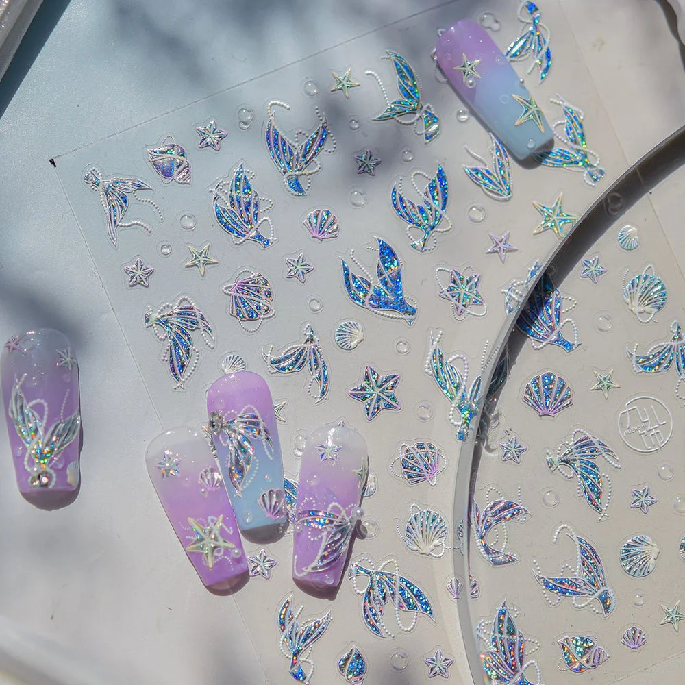 Jellyfish Schools of Fish Shoal Mermaid Tail Seahorse Dreamy Ocean Starfish Shell Coral Adhesive Nail Art Sticker Manicure Decal (ONLINE ORDER ONLY)