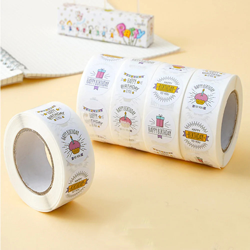 100-500pcs Round Happy birthday Labels Kraft Paper Sticker Candy Bag Flower Gift Box Cake Boxes and Packaging Wedding Stickers (ONLINE ORDER ONLY)