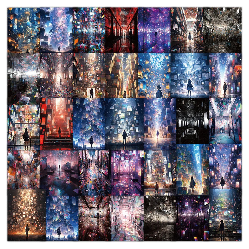 10/30/60pcs Cute Anime City View Street Night Painting Aesthetic Stickers Laptop Suitcase Phone Car Decoration Cartoon Sticker (Online Order Only)