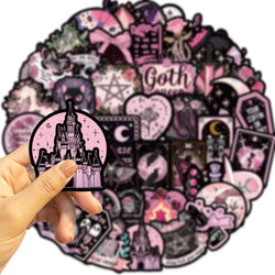 10/50pcs Cool Dark Pink Gothic Skull Graffiti Stickers Halloween Tarot Goth Decals DIY Scrapbook Luggage Waterproof PVC Sticker (ONLINE ORDER ONLY)