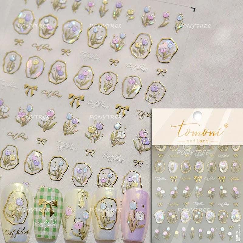 Golden Border Tulip Bloom Flower Bowknot Geometric Frame Metal Workmanship Charming Adhesive Nail Art Sticker Manicure Decals (ONLINE ORDER ONLY)