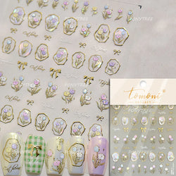 Golden Border Tulip Bloom Flower Bowknot Geometric Frame Metal Workmanship Charming Adhesive Nail Art Sticker Manicure Decals (ONLINE ORDER ONLY)
