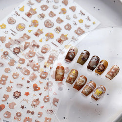 Cute Bear Teddy Birthday Party Maillard Bear Cake Flower Bouquet Lucky Love Heart 5D Adhesive Nail Art Sticker Manicure Decals (Online Order Only)