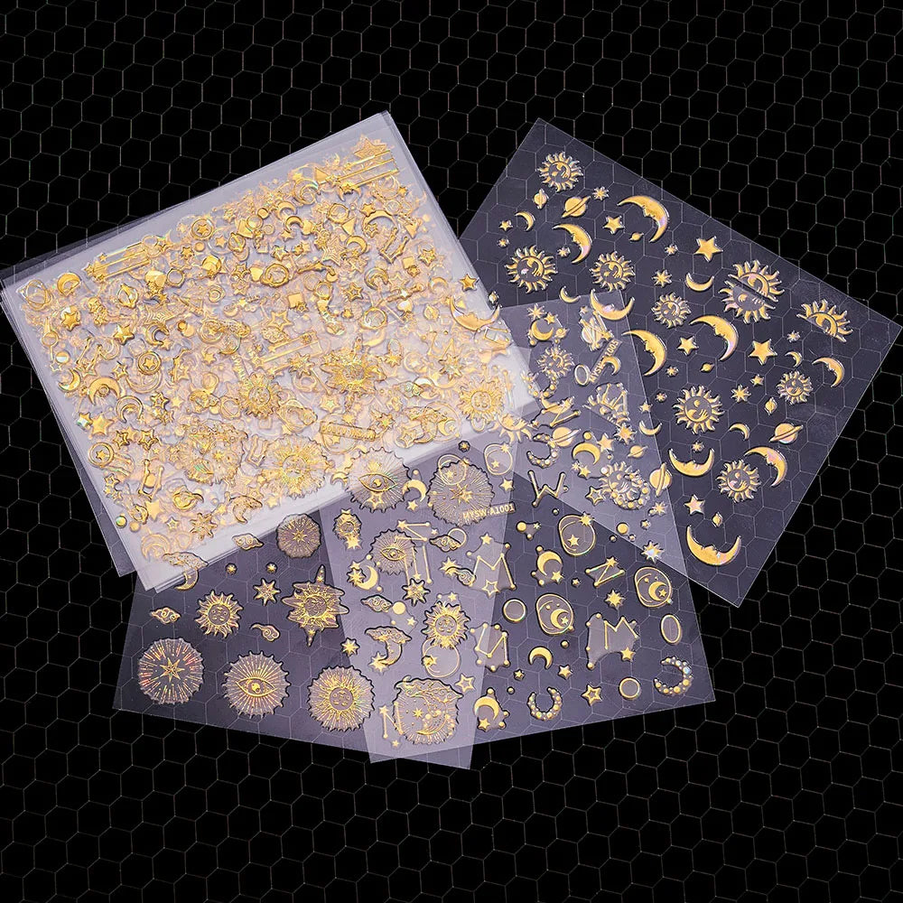 6 Sheets Moon/Star Nail Art Sticker Adhesive Gold Color Sticker Sheets Universal Constellation Shapes Sticker Art Decoration (ONLINE ORDER ONLY)