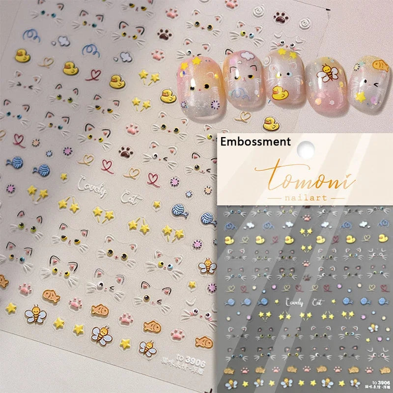 White Halo Dyeing Cat Face Cup Black Orange Toy Umbrella Love Heart Kitty Cake Embossed Relief Nail Art Stickers Manicure Decals (ONLINE ORDER ONLY)