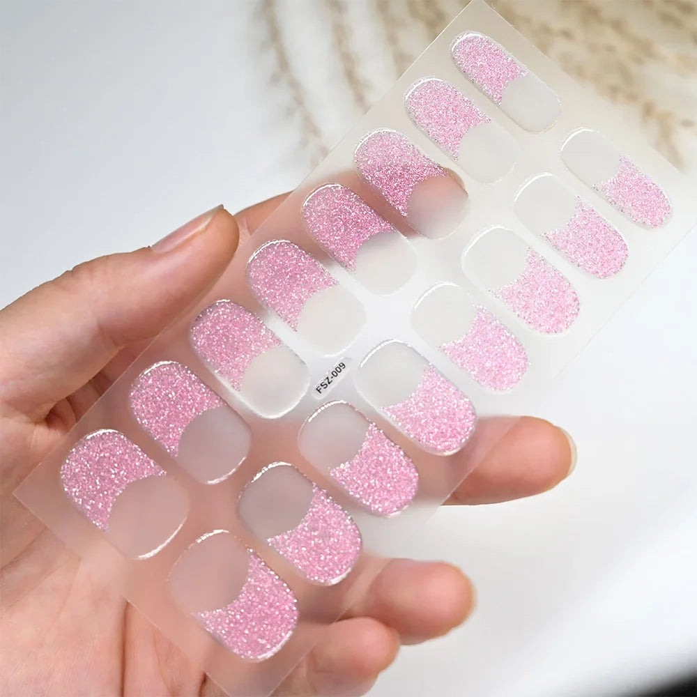 Nude Pink French Semi-Cured Gel Nail Patch Slider Adhesive Waterproof Long Lasting Full Cover Gel Nail Sticker UV Lamp Needed *^ (ONLINE ORDER ONLY)