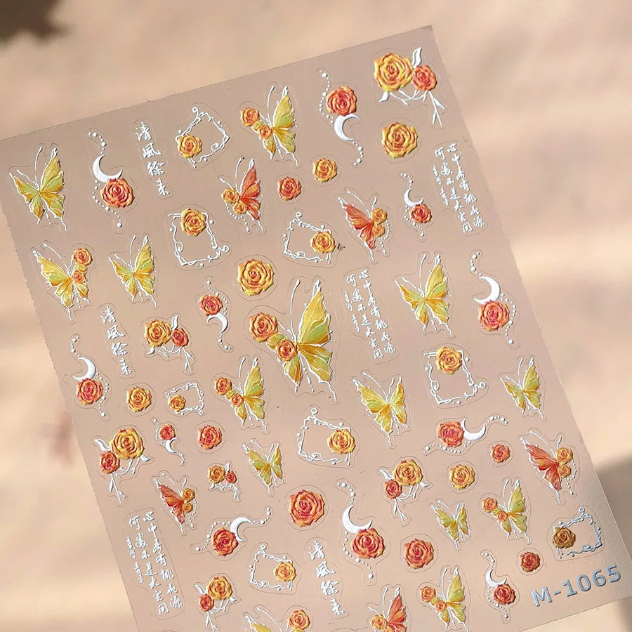Gradual Asymmetric Butterfly Rose Flower Moon Ancient Poem 5D Reliefs Self Adhesive Nail Stickers JellyManicure Decals Wholesale (Online Order Only)