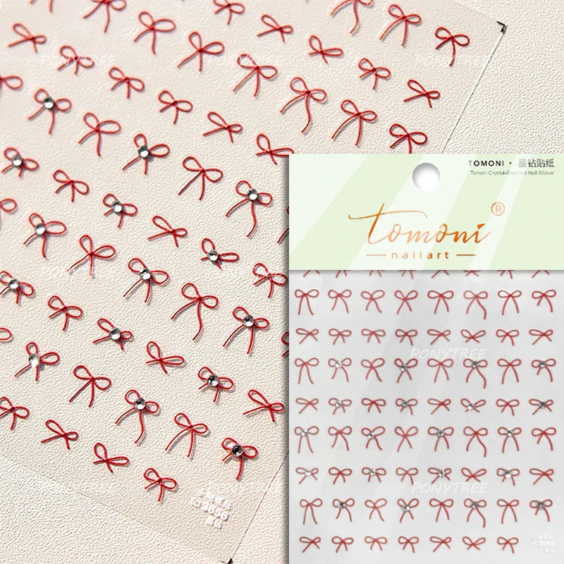 Shiny Pink Silver Gold Bowknot Tie Line Mini Delicate 3D 5D Self Adhesive Nail Art Stickers Embossment Rhinestone Manicure Decal (Online Order Only)