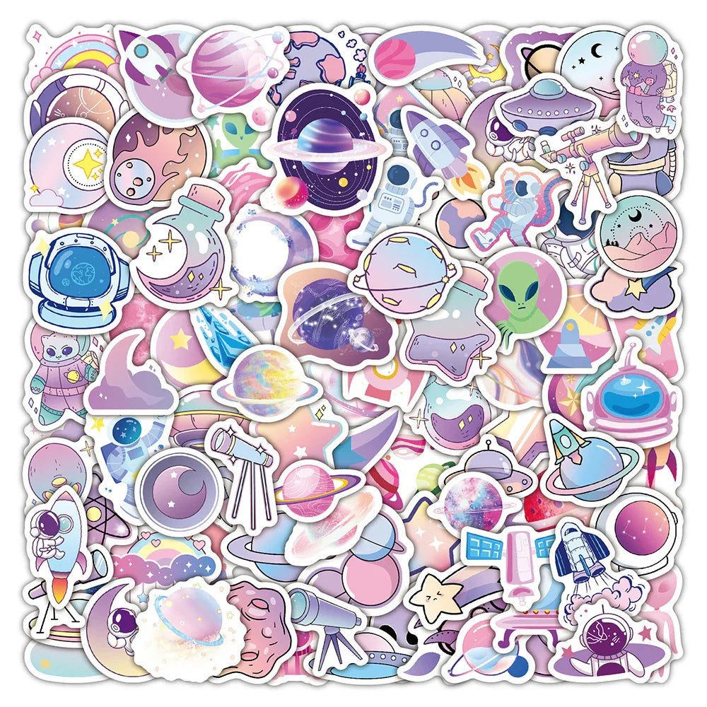 Cute Cartoon Purple Planet Stickers - Starry Sky Graffiti Decals for Kids Scrapbook Wall 10/30/50/100pcs (Online Order Only)
