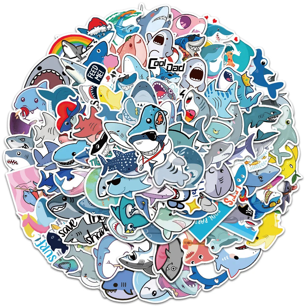 50/100pcs Cute Cartoon Animals Sharks Stickers For Laptop Water Bottle Fridge Waterproof Graffiti Skateboard Car Decals (ONLINE ORDER ONLY)