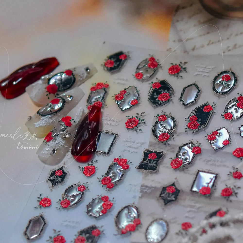 Metal Effect Rose Flower Pattern Totem Photo Frame Self Adhesive Nail Art Sticker Romantic Chic Wreath Rhinestone Manicure Decal (Online Order Only)