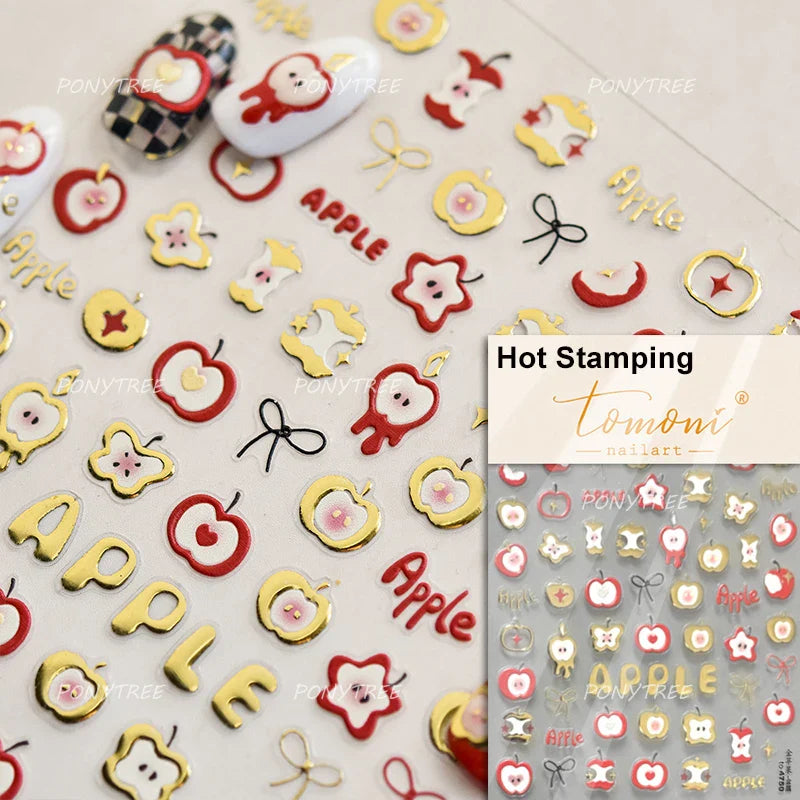 Cute Lucky Bear Apple Core Star Bowknot Flower Delicious Cookies Cherry Cake Dessert Milk Vase Adhesive Nail Art Stickers Decals (ONLINE ORDER ONLY)