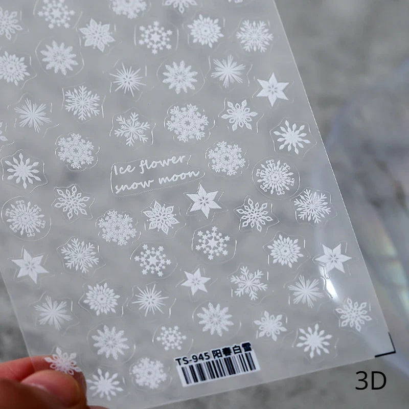 Hot Stamping Romantic White Gold Snowflakes Hexagon Winter 3D Self Adhesive Nail Art Stickers Shiny Rhinestone Manicure Decals (Online Order Only)