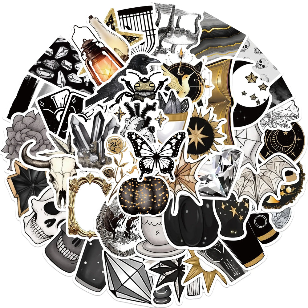 Cartoon Gothic Black Gold Stickers for Suitcase, Skateboard, Laptop, Luggage, Fridge, Phone, Car - 10/30/50 Pcs (ONLINE ORDER ONLY)