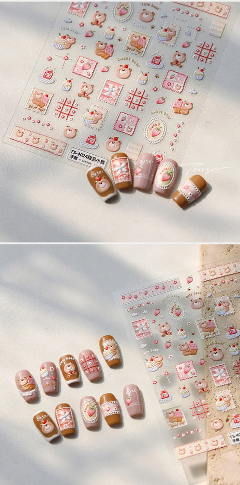 Sweet Dessert Cute Bear Cake Apple Flower Strawberry Jam Lace Line Bear Footprints Adhesive Nail Art Stickers Manicure Decals (ONLINE ORDER ONLY)