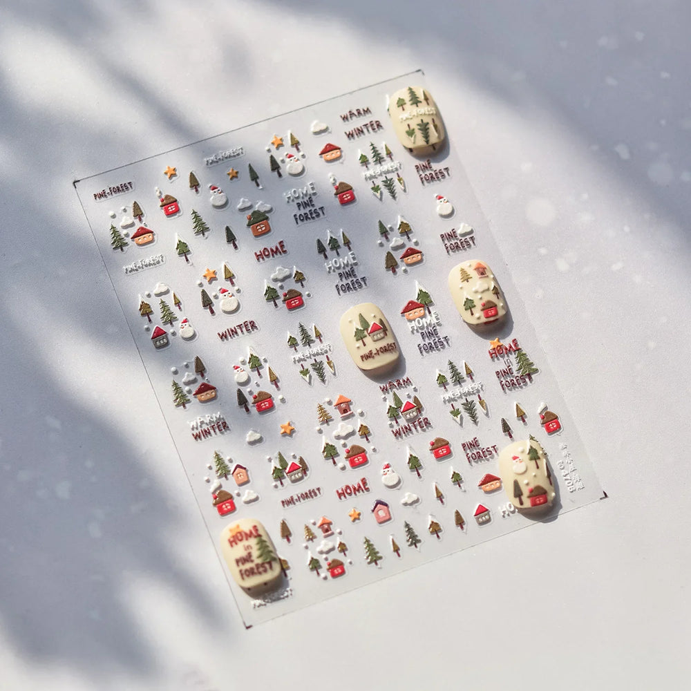Snowman Tree House Cedar White Pine Forest Warm Winter Cloud Self Adhesive Nail Art Stickers Snowflake Star Snow Manicure Decals (ONLINE ORDER ONLY)