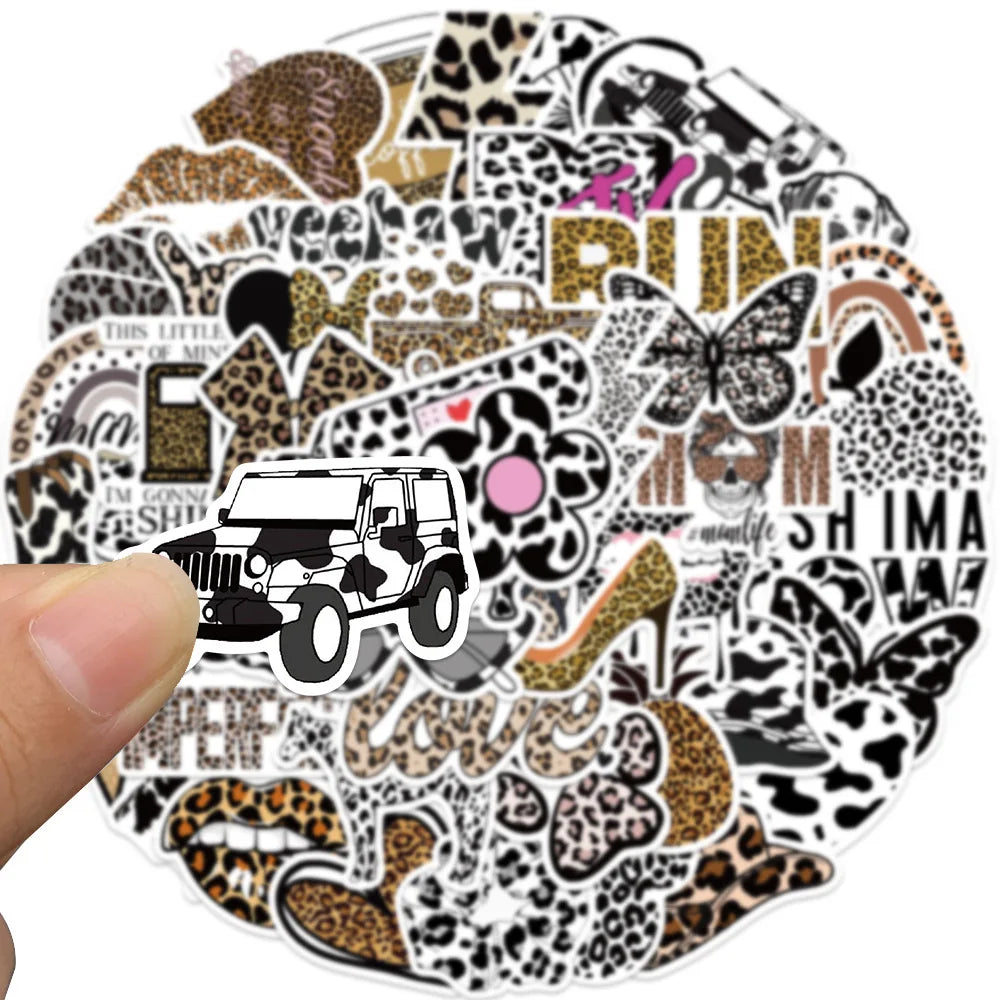 50Pcs Fashion Sexy Leopard Print Animal Sticker Irregular Phone Computer Luggage Motorcycle Helmet Decorative Sticker Decal (Online Order Only)