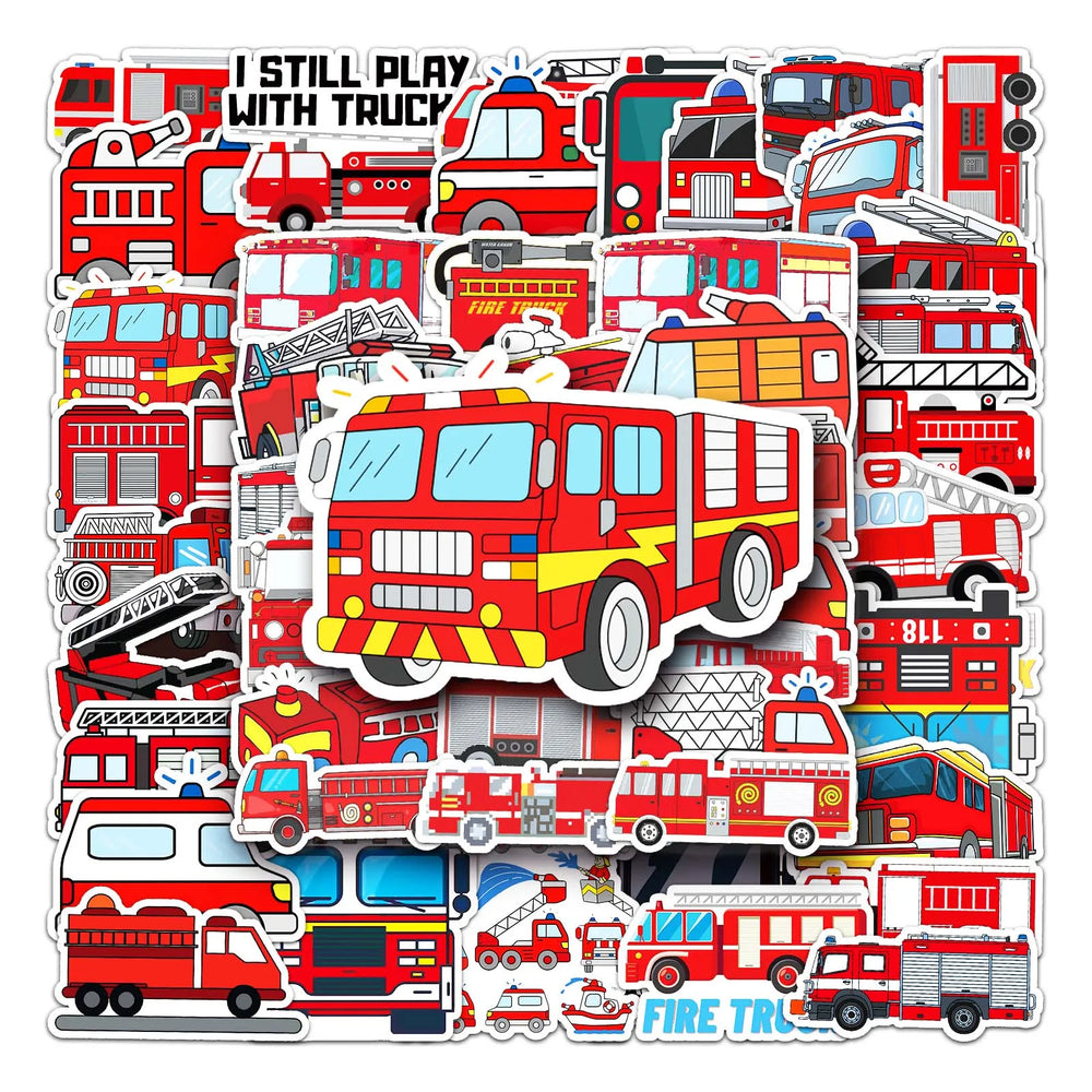 50Pcs Fire Truck Cartoon Waterproof Vinyl Stickers for Skateboard Snowboard (Online Order Only)