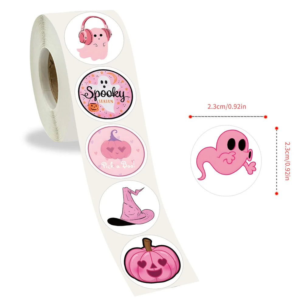 500pcs/Roll Pink Halloween Cartoon Sealing Sticker DIY PVC Laptop Decals Decoration Stiker Reward Gift Toys (ONLINE ORDER ONLY)