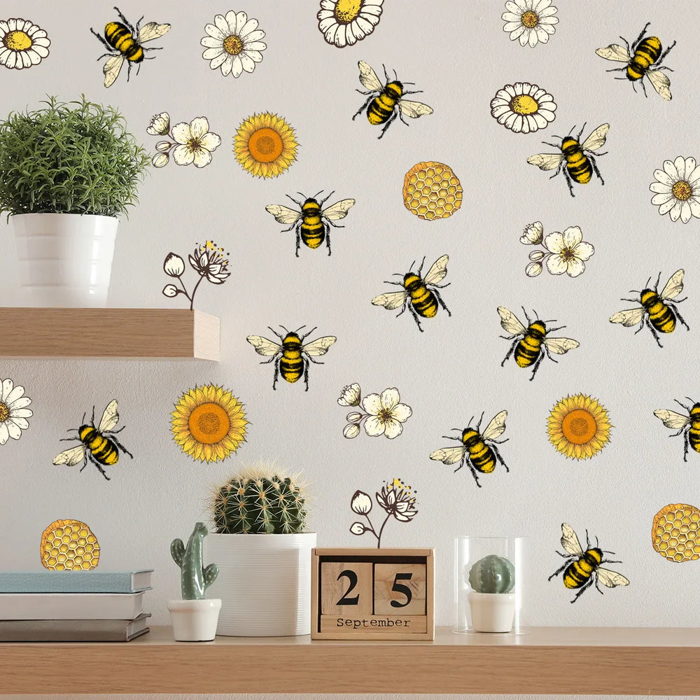 Bee Sunflower Flower Cartoon Wall Stickers for Bedroom Living Room Home Decoration Wall Decal Self Adhesive Removeble Mural (Online Order Only)