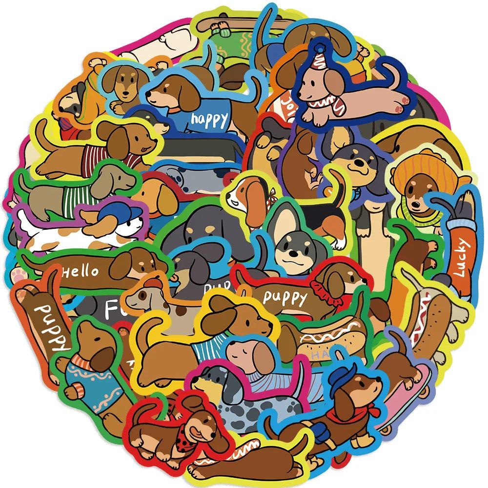 50Pcs Cartoon Dachshund Graffiti Stickers for DIY Desk Guitar Computer Refrigerator Creative Sausage Dog Waterproof Sticker﻿ (ONLINE ORDER ONLY)