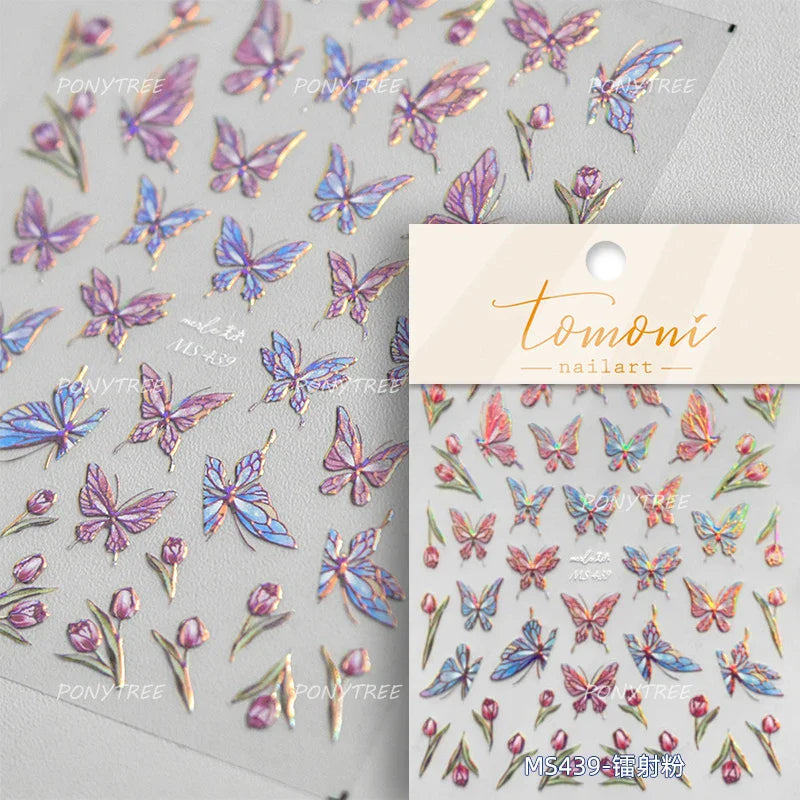 Chic Butterfly Flower Lily Lilium Narcissus Line Beautiful Blue Pearl Self Adhesive Nail Art Stickers Decorations Manicure Decal (Online Order Only)