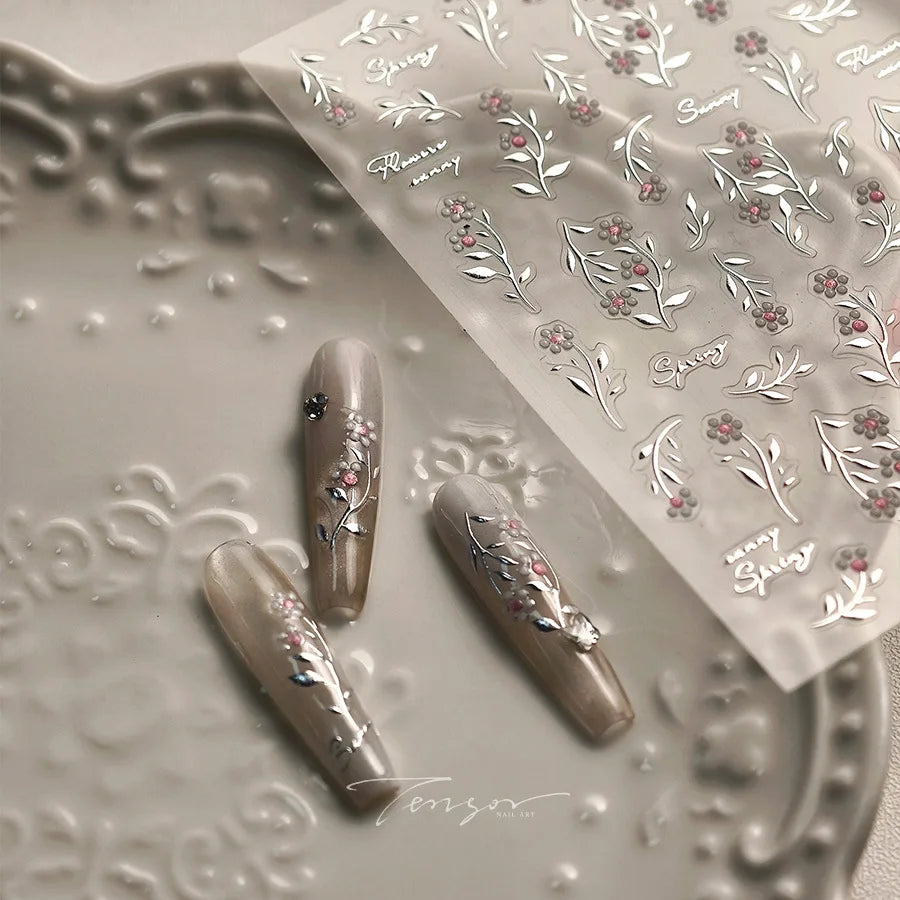 Pink Flower Hot Stamping Silver Leaves Branch Wicker Willow Plant Chic Adhesive Nail Art Decorations Stickers Manicure Decals (Online Order Only)