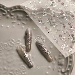 Pink Flower Hot Stamping Silver Leaves Branch Wicker Willow Plant Chic Adhesive Nail Art Decorations Stickers Manicure Decals (Online Order Only)