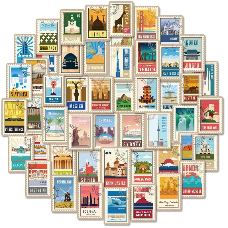 Vintage Travel Landmark Stickers Vinyl Decals for Luggage Scrapbook Laptop Planner (Online Order Only)