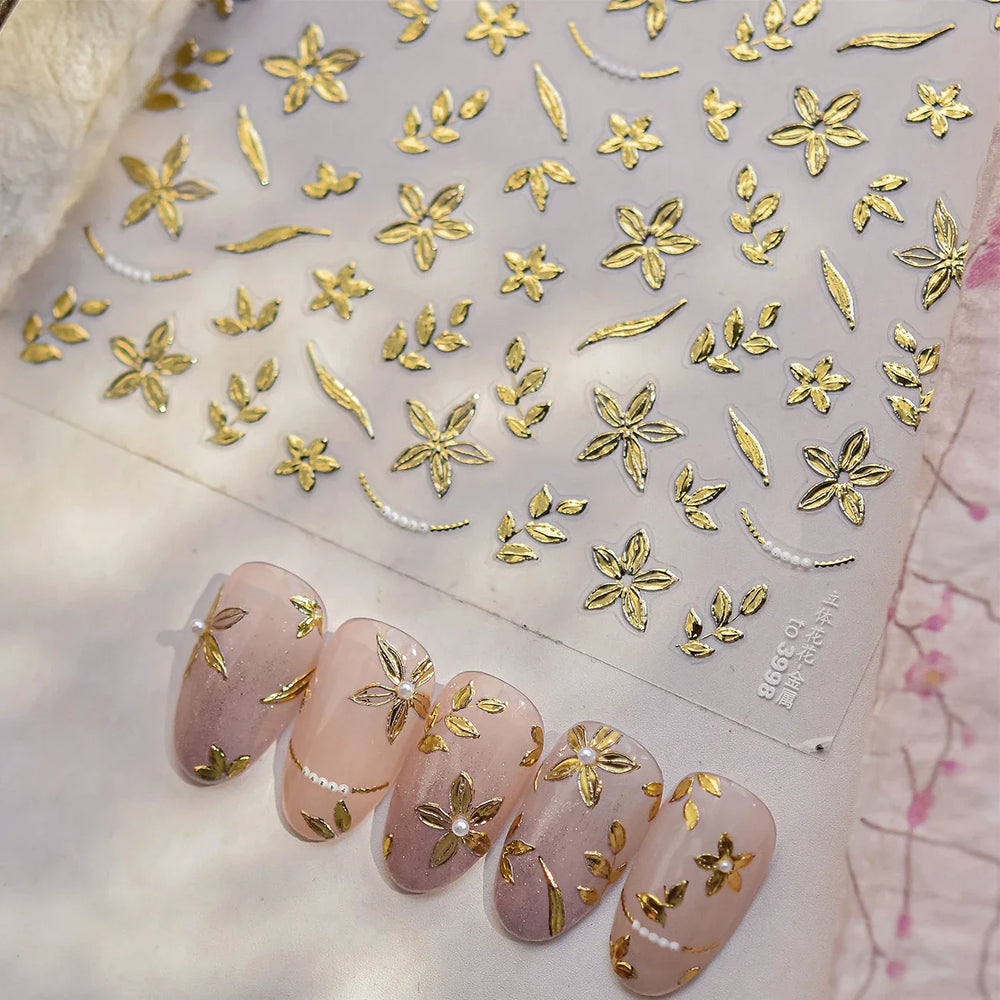 Gold Hot Stamping Flowers Leaves 3D 5D Pearl Bead Delicate Self Adhesive Nail Art Decorations Stickers Manicure Decals Wholesale (Online Order Only)