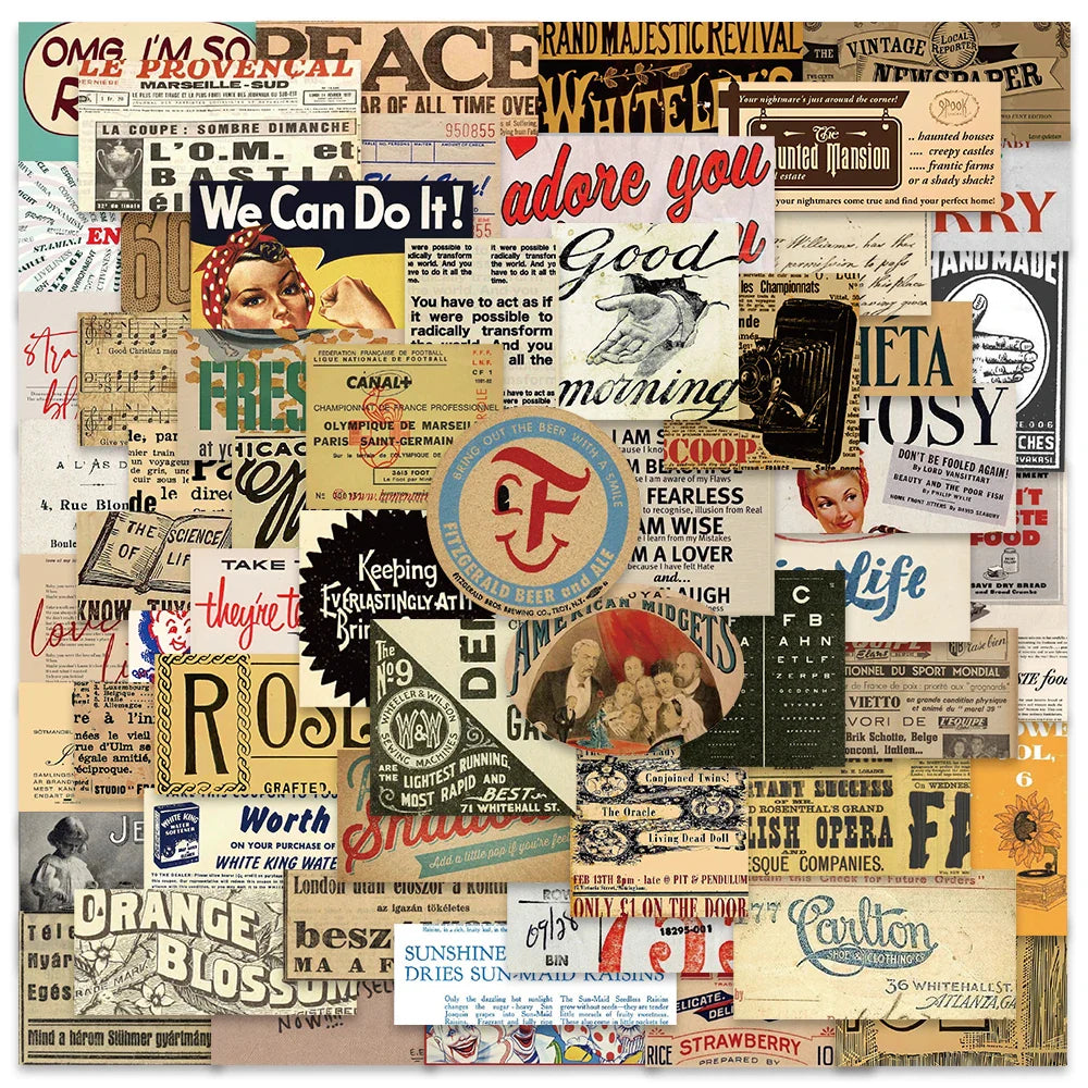 58PCS Vintage Slogan Newspaper Stickers for DIY Scrapbook, Laptop, Phone, Bike (Online Order Only)