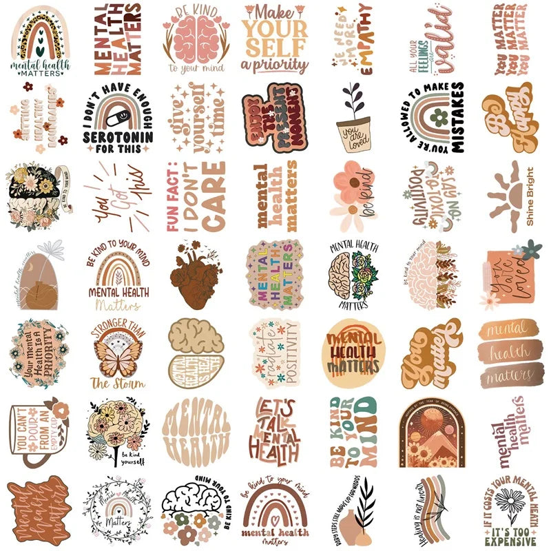 50PCS Boho Mental Health PVC Sticker Aesthetic DIY Children's Decoration Scrapbooking Stationery Hand Accounting Tool Supplies (ONLINE ORDER ONLY)