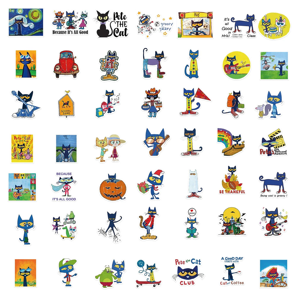 50PCS Kawaii Cute Pete The Cat Sticker Funny Cartoon Stickers For Decorative Scrapbook DIY Child Phone Stationery Supply for Kid (ONLINE ORDER ONLY)