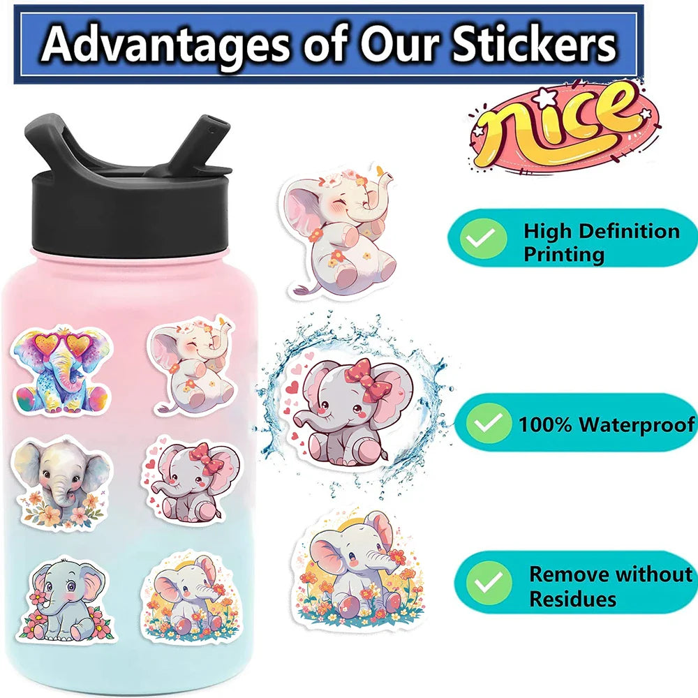 50pcs Elephant Stickers Pack Cute Animal Stickers Kawaii Stickers for Water Bottles Laptop Luggage Cartoon Waterproof Sticker (Online Order Only)