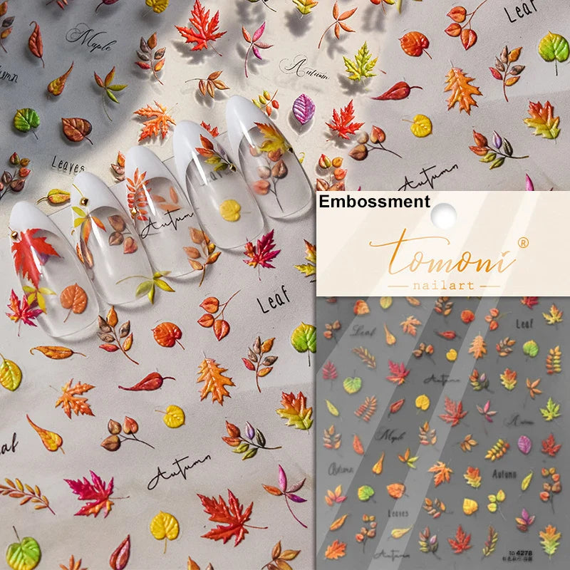 Autumn Fall Maple Leaves Ginkgo Leaf Osmanthus Chrysanthemums Rabbit Bunny Plant Flower Relief Nail Art Sticker Decoration Decal (ONLINE ORDER ONLY)