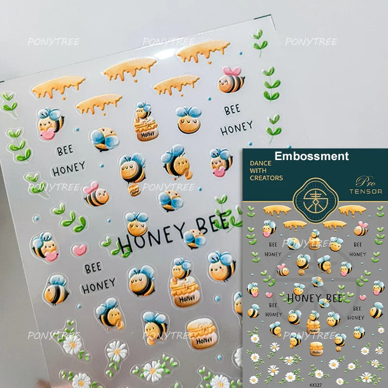 Cute Bee Honey Jar Daisy Flowers Gather Honey Pot Love Heart Green Leaves Reliefs Self Adhesive Nail Art Stickers Manicure Decal (ONLINE ORDER ONLY)