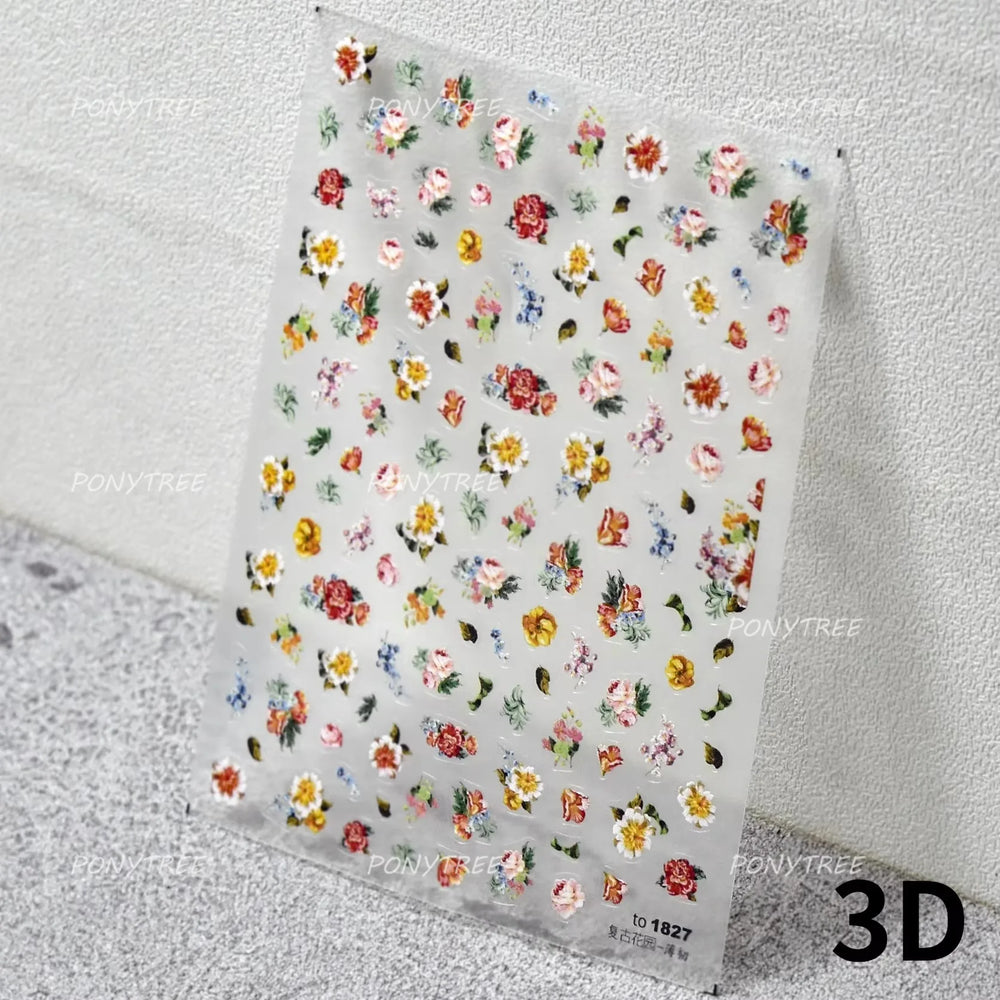 Wild Flower Oil Painting Small Variegated Daisy Peach Blossom Lavender Spring Petal Adhesive Nail Art Stickers Manicure Decals (Online Order Only)