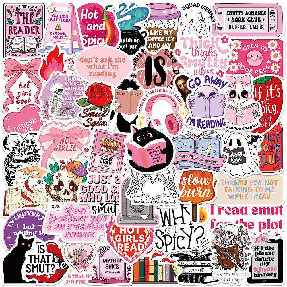 50pcs Aesthetic Cartoon Skull Spicy Reader Pink Smut Stickers For Laptop Water Bottle Luggage Diary Waterproof Vinyl Decals (Online Order Only)