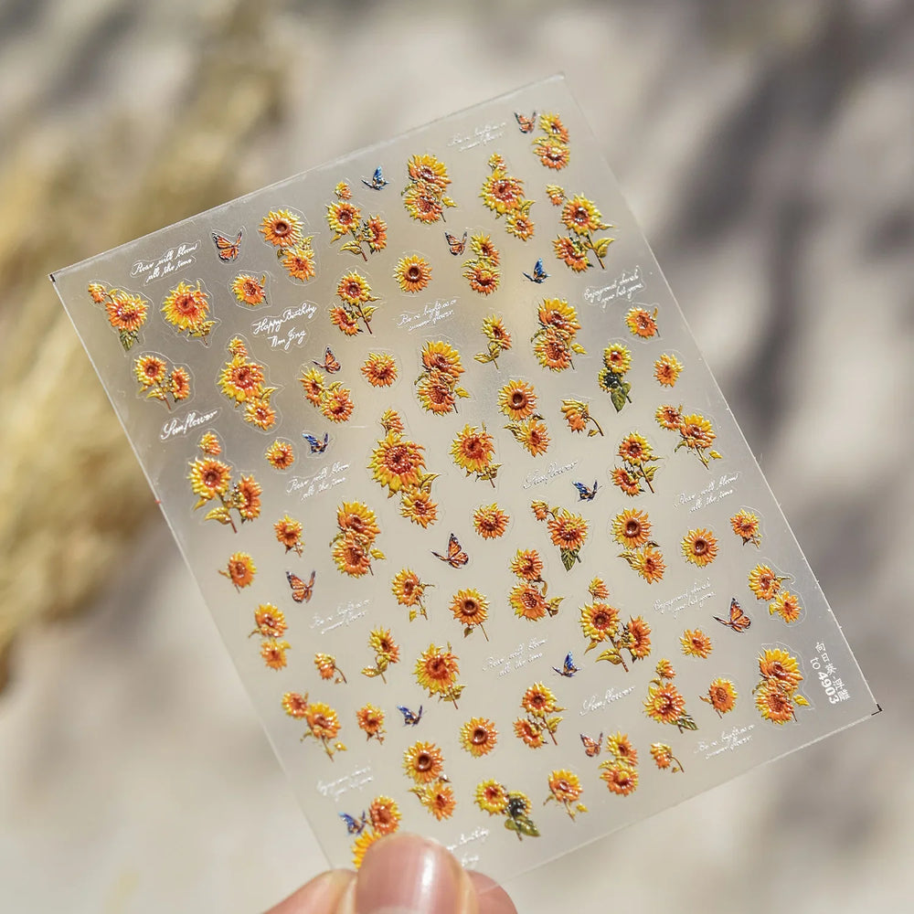Embossed Shiny Vigor Sunflower Turnsole Vitality Butterfly Daisy Oil Painting Plant 5D Adhesive Nail Art Sticker Manicure Decals (ONLINE ORDER ONLY)