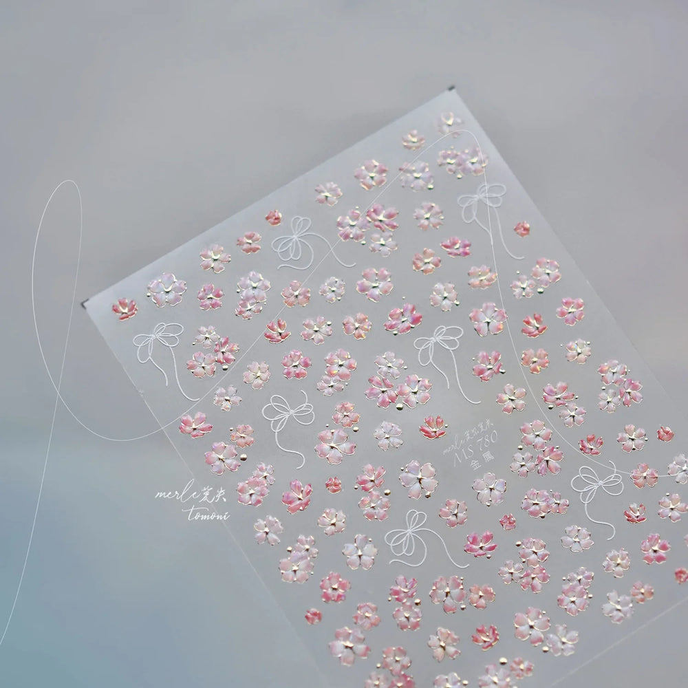 Peach Blossom Gradual Pink Petal Flower Line Bowknot Hot Stamping Halo Dyeing Delicate Adhesive Nail Art Sticker Manicure Decals (ONLINE ORDER ONLY)