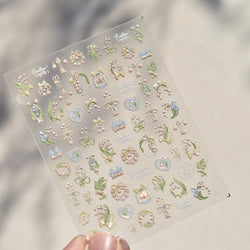 Spring Pink Lily of The Valley Flowers Blooming Blue Bowknot Heart 5D Soft Relief Self Adhesive Nail Art Sticker Manicure Decals (Online Order Only)
