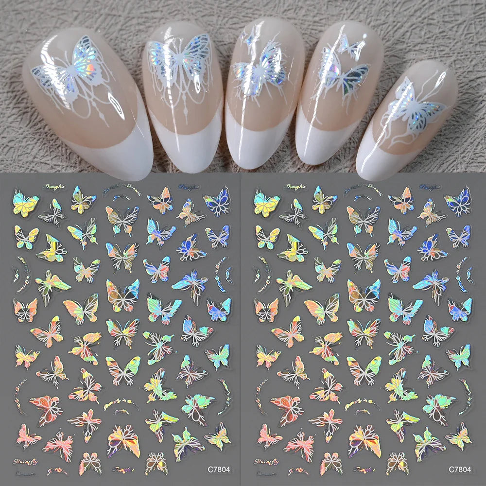 1pcs Butterfly Floral Nail Art Stickers Magic Shell Light Laser Black/White Nail Decoration Butterfly Slider Manicure Ornaments* (Online Order Only)