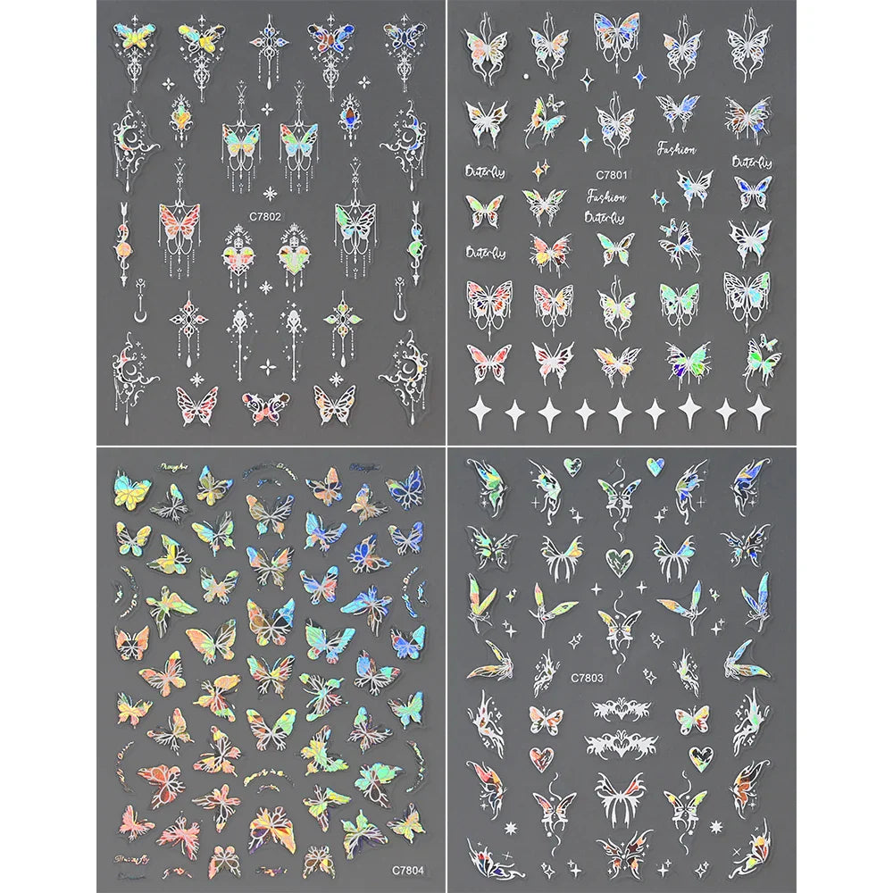 1pcs Butterfly Floral Nail Art Stickers Magic Shell Light Laser Black/White Nail Decoration Butterfly Slider Manicure Ornaments* (Online Order Only)