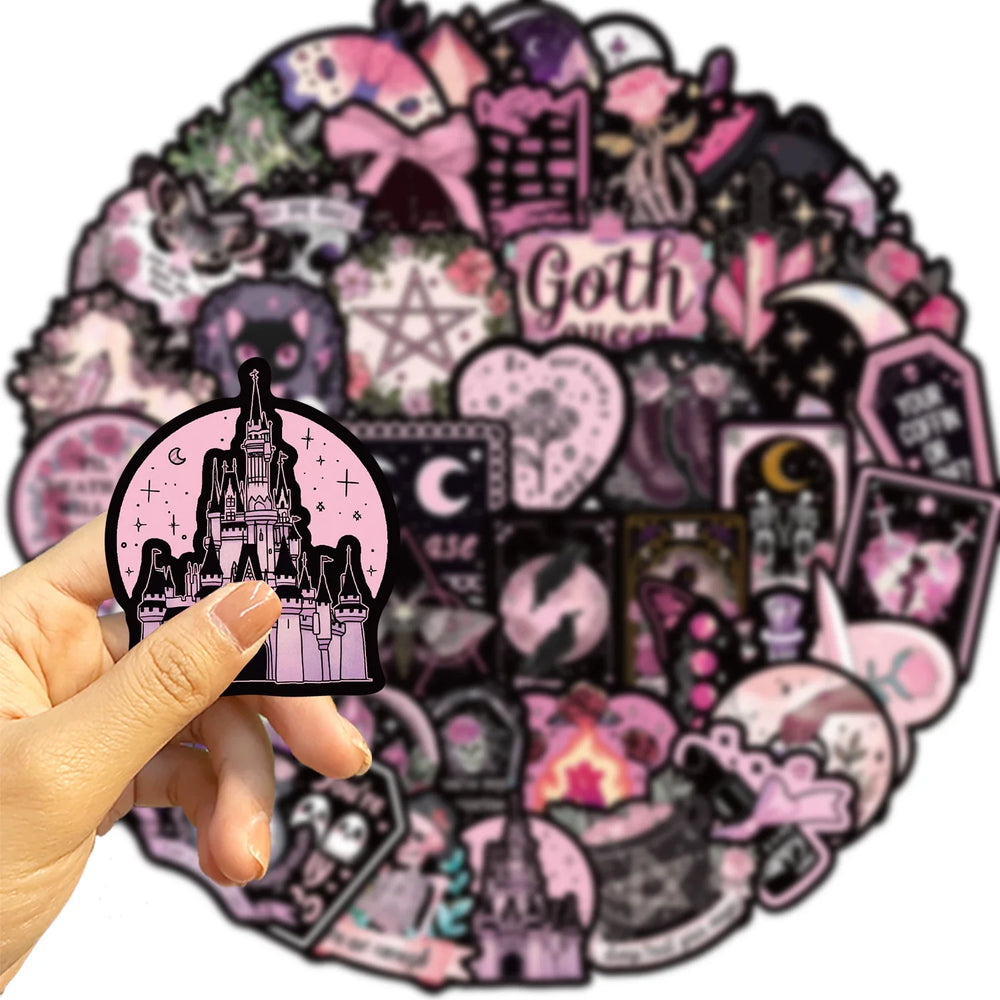 50pcs Cool Dark Pink Gothic Skull Graffiti Stickers DIY Scrapbook Luggage Waterproof PVC StickerTarot Goth Decals (Online Order Only)