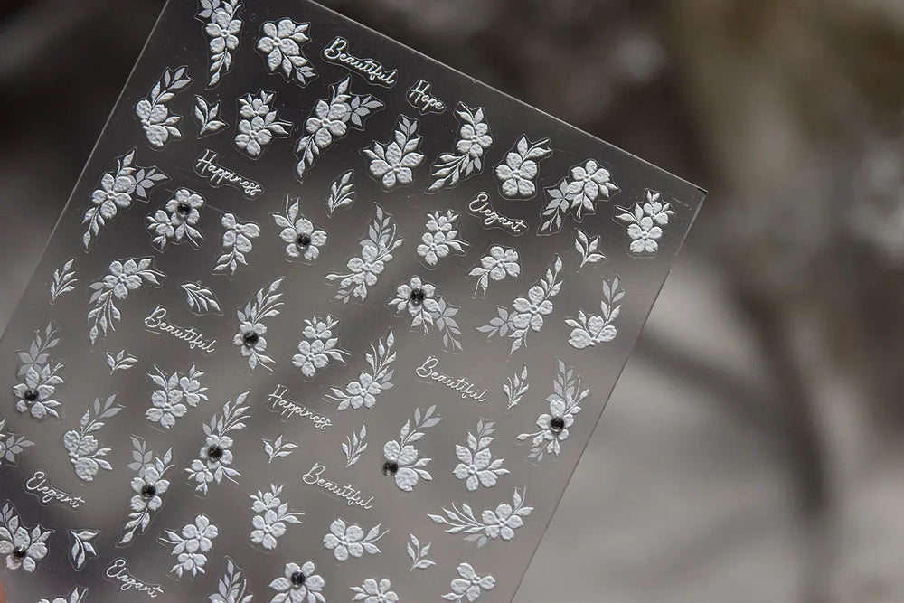 Wet Garden White Flower Leaves Elegant Beautiful Petal Delicate 5D 3D Charming Spring Adhesive Nail Art Stickers Manicure Decals (ONLINE ORDER ONLY)